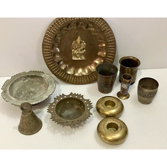 VTG Brass Lot: India, Asian, Candle & Incense Holders, Shot Cup, Bell, Ganesha - Picture 1 of 9